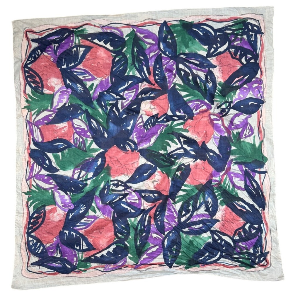 Annie Johansen Floral Cotton Scarf Square Abstract Print Green Purple Pink‎
